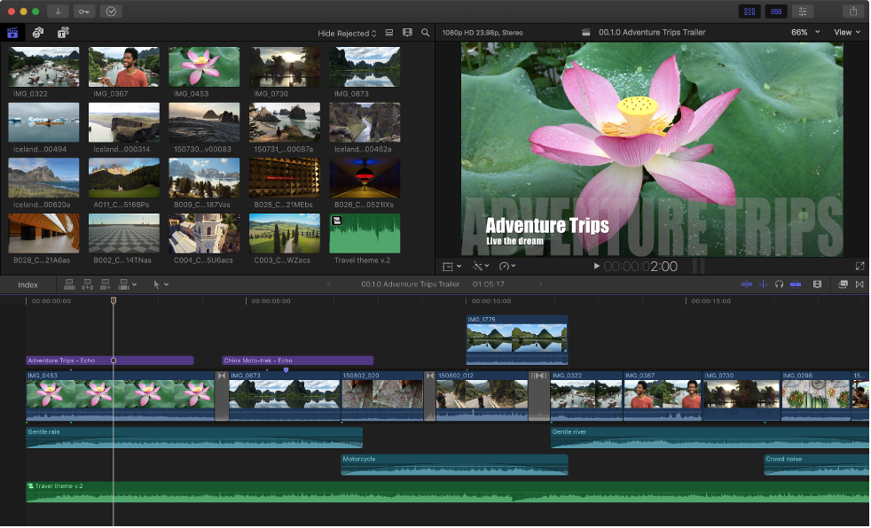 Final&nbsp;Cut&nbsp;Pro 窗(chuāng)口，顯示浏覽器(qì)、檢視(shì)器(qì)和(hé)時(shí)間(jiān)線